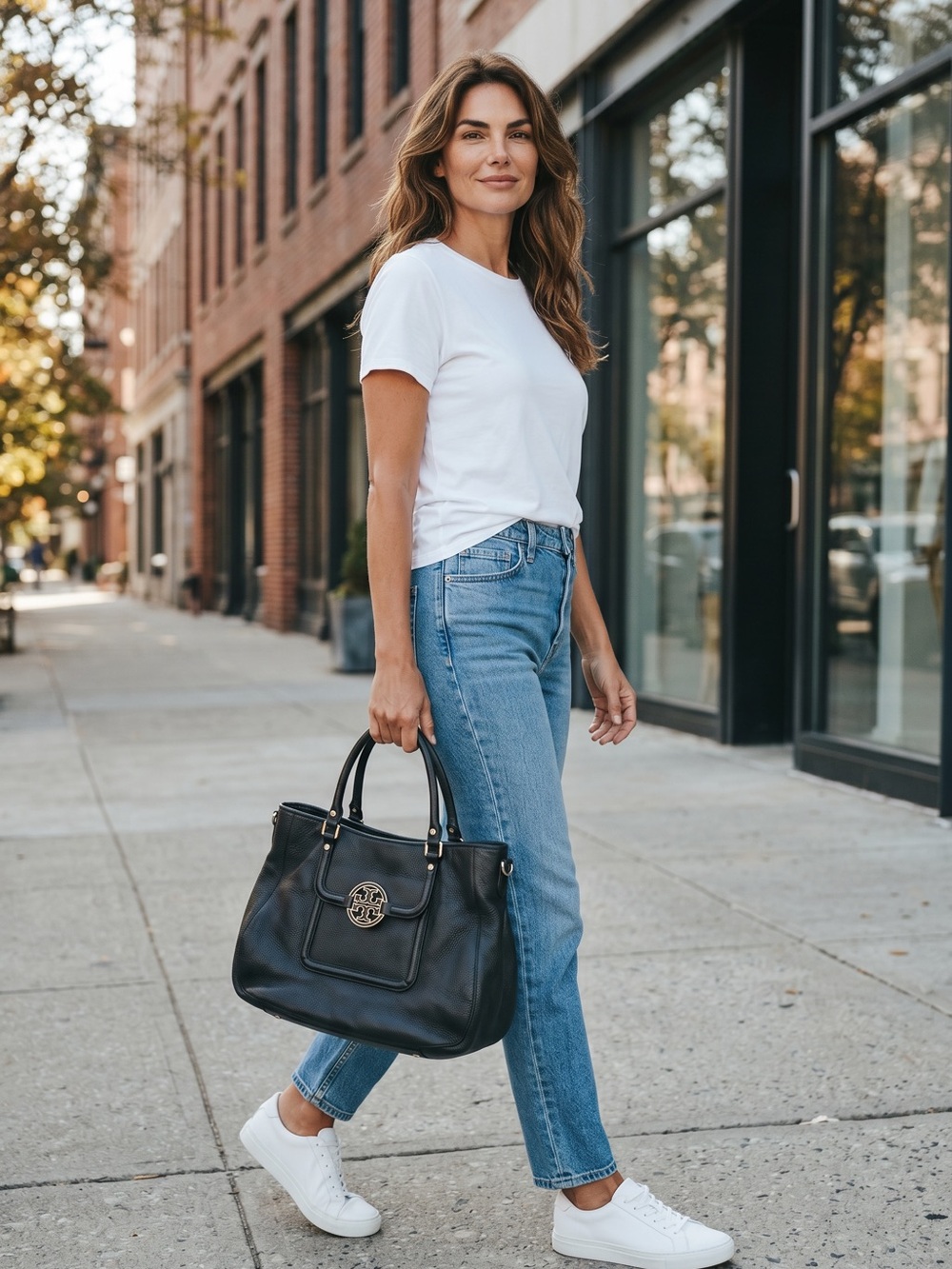 Tory Burch Black Leather Shoulder Tote with Gold Logo
